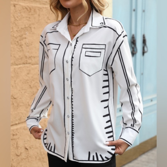 3D Graphic Illusion Drawing Button-Up Shirt – Women One Size S M L Made in Korea - Picture 1 of 12
